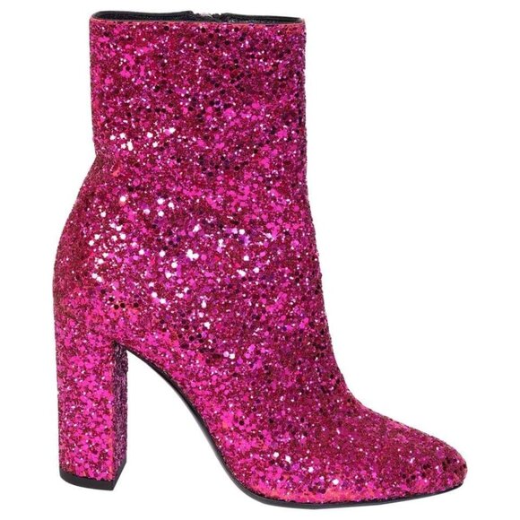 Saint Laurent Lou Pink Glitter Ankle Heeled Booties - Picture 1 of 7